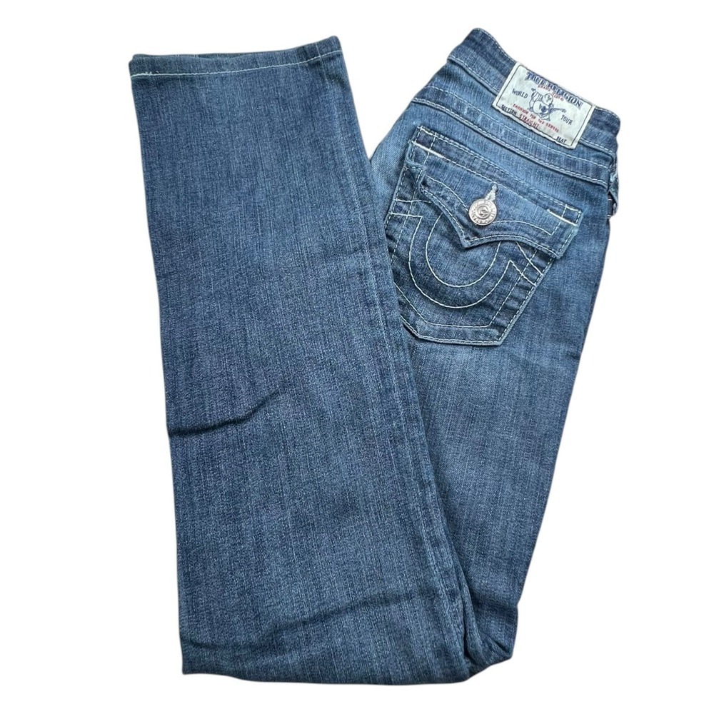True Religion Women 25 Straight Distressed Medium Wash Low Rise Jean Flap Pocket